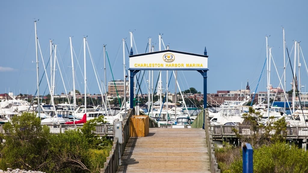 Entrance to Charleston Harbor Marina with sailboats docked